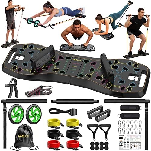 LALAHIGH Portable Home Gym System: Large Compact Push Up Board, Pilates Bar & 20 Fitness Accessories with Resistance Bands & Ab Roller Wheel – Full Body Workout for Men and Women, Gift for Boyfriend (Black)