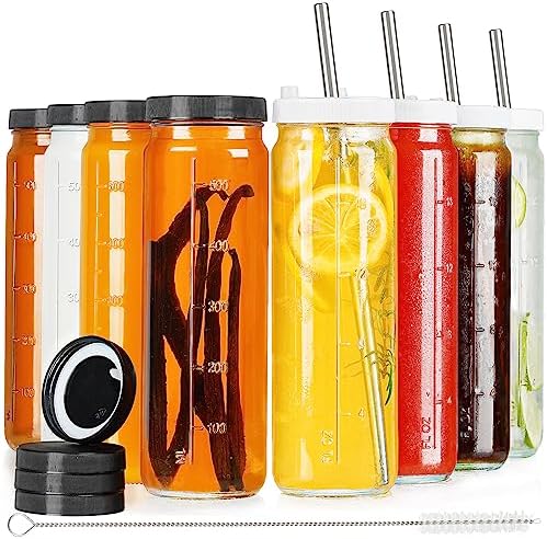 8 Pack 20 Oz Glass Juicing Bottles w 8 BK SCREW Lids(100% Airtight Sturdy Lid w Silicone) & 4 WH SCREW Lids w Hole & 4 Straws – Drinking Jars, Travel Water Cups – Tall Mason Jars for Homemade Drink