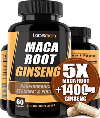10000mg Maca Root Capsules (w/Black Maca) + 1400mg Korean Red Panax Ginseng Extract as Maca Root Capsules for Women & Men for Reproductive Health & Natural Energy (2 Months)